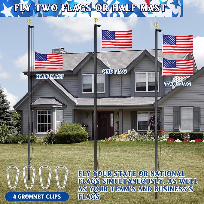 FuWeave Flagpoles for Outside House in Ground 16 ft Sectional Flag Pole Kit Extra Thick 16 Gauge Heavy Duty Aluminum Flag Pole with Gold Ball Top for Residential or Commercial (Black)