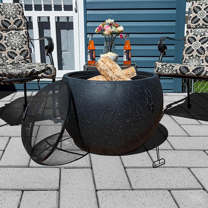 Outdoor Fire Pit - 24” Round Faux Concrete Firepit - Wood Burning Fire Pit with Poker, Screen, Cover - Wood Fire Pits for Outside Patio by Pure Garden