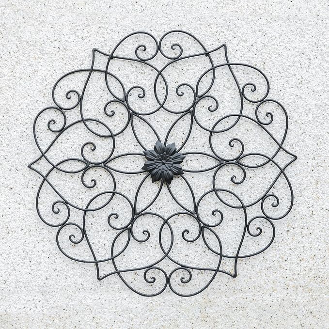 Glitzhome Black Metal Wall Art Decor, 23”H Floral Iron Wall Decor with Ornamental Scroll Design, Indoor Outdoor Wall Accent for Garden Porch Patio