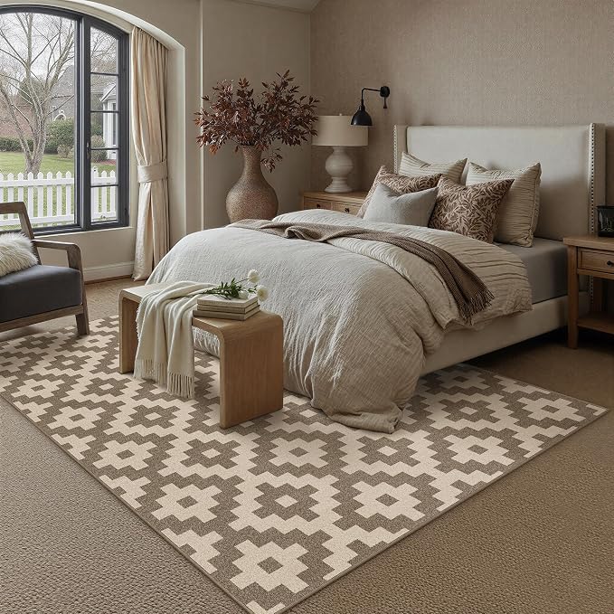 Brown 8x10 Washable Area Rug Living Room Non Slip Large Carpet | Soft, Low Pile, Easy Clean, Modern Rugs for Bedroom, Office, Nursery, Dining Room, Kids Room