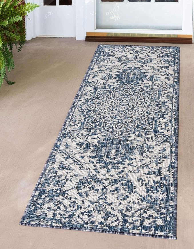 Unique Loom Outdoor Collection Area Rug - Dubai (2' x 6' 1' Runner, Blue/ Ivory)