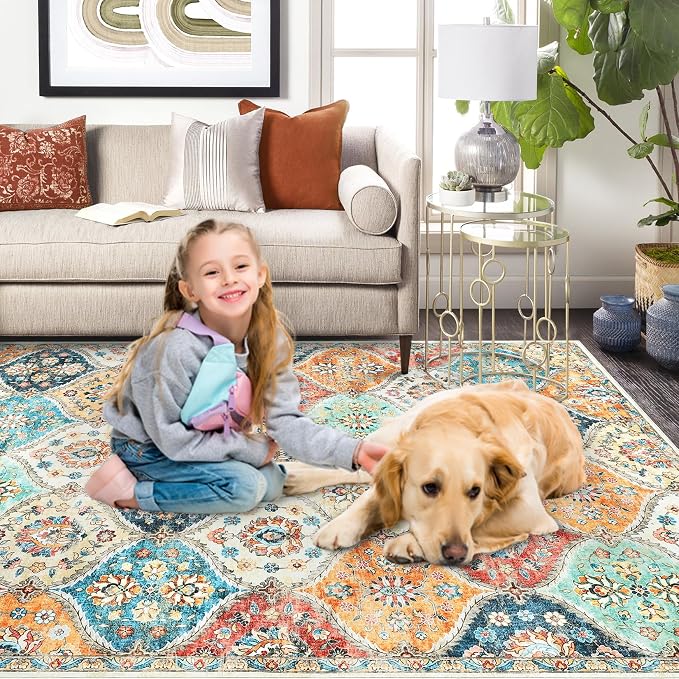 ROYHOME Washable Area Rug Moroccan Trellis Distressed Area Rugs, 3' x 5' | Stain Resistant Non-Slip Floor Carpet Vintage Medallion Accent Rug Farmhouse Floor Cover for Dining Room Bedroom, Cream