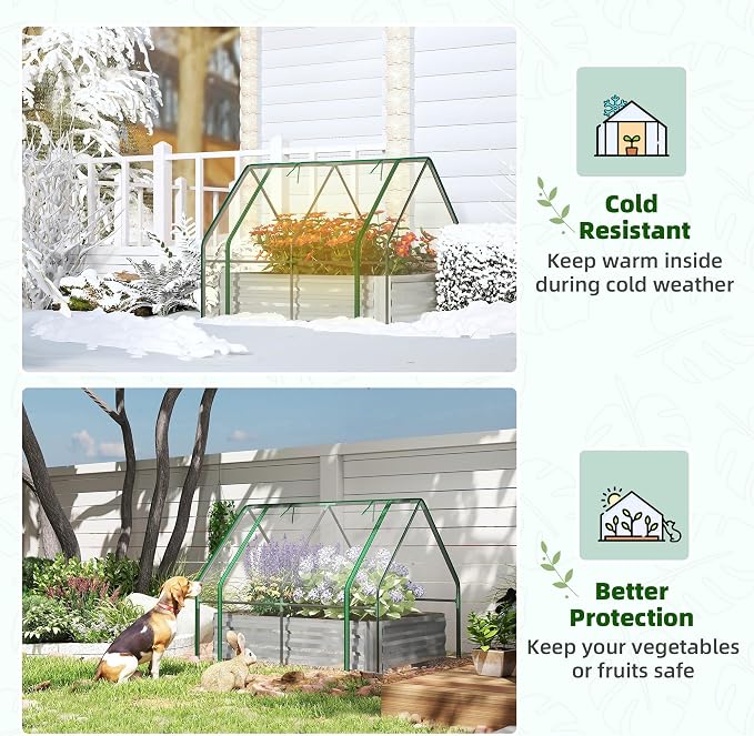 Outsunny 4 x 3 x 3ft Raised Garden Bed with Mini Greenhouse, Galvanized Raised Garden Bed with Cover for Herbs and Vegetables, Small Greenhouse for Patio Garden Balcony, Clear and Gray