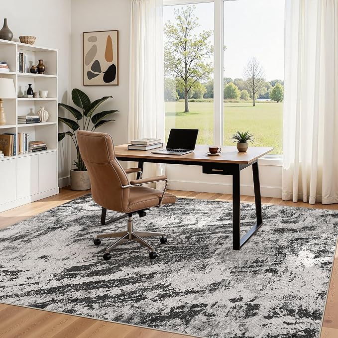 DMOYEST 5x7 Area Rug for Living Room Washable Abstract Indoor Carpet | Neutral Modern Low Pile Rugs Kid & Pet Friendly Soft Thin Carpet for Bedroom Dining Room and Office - Light Black