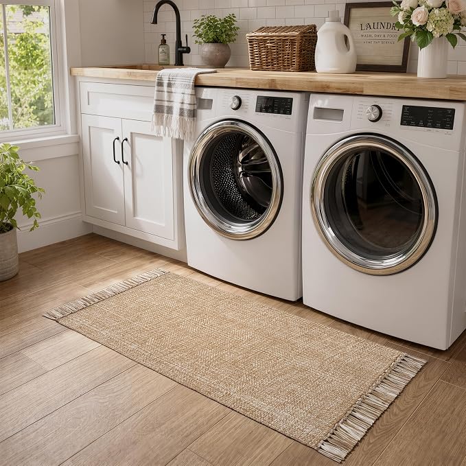 Bathroom Runner Rug, 2' x 5' Modern Farmhouse Kitchen Rugs | Hand-Woven Entryway Rugs Runners for Hallway, Tan/Cream Boho Washable Laundry Carpet, Indoor Front Door Mat for Bedroom Patio