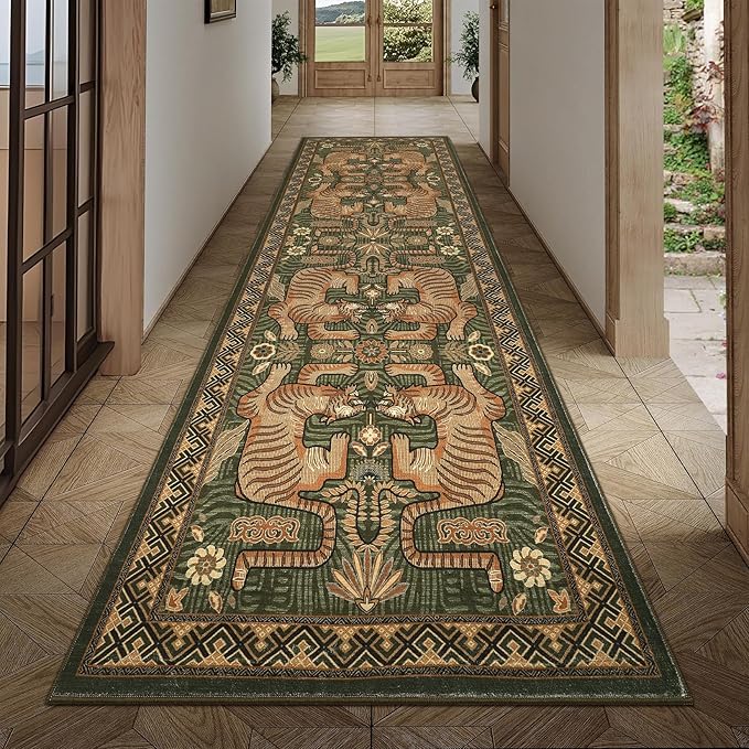 GarveeHome Tiger Print 2.5'x8' Washable Non Slip Runner Boho Hallways Rugs | Green Kitchen Runner Ultra Thin Soft Vintage Tribal Indoor Throw Floor Carpet for Laundry Entryway Bedroom Bathroom