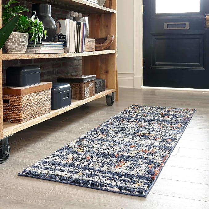 Unique Loom Morocco Collection Abstract Border, Diamond, Bohemian Area Rug (2' 7 x 10' 0 Runner, Navy Blue/Black)