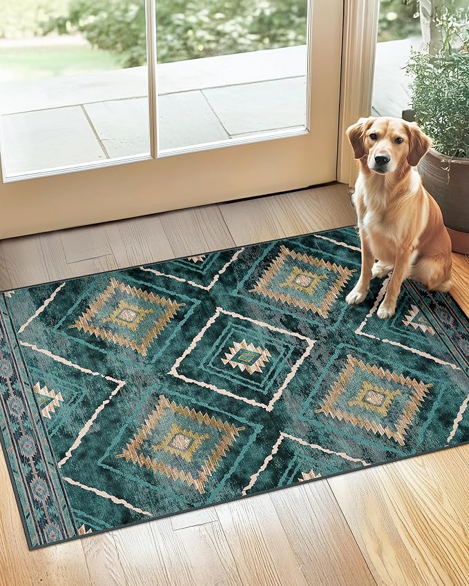 2'x3' Washable Samll Rug for Living Room Teal/Green | Soft Western No Slip Low Pile Print Foldable Indoor Small Rug for Kitchen entrance entryway doormat