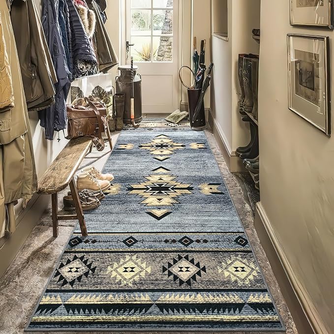 BENRON Western Hallway Runner Rug 2x8, Long Runners for Kitchen, Grey | Southwest aztec Rug, Accent and Tribal Throw Rugs for Bedroom, Washable