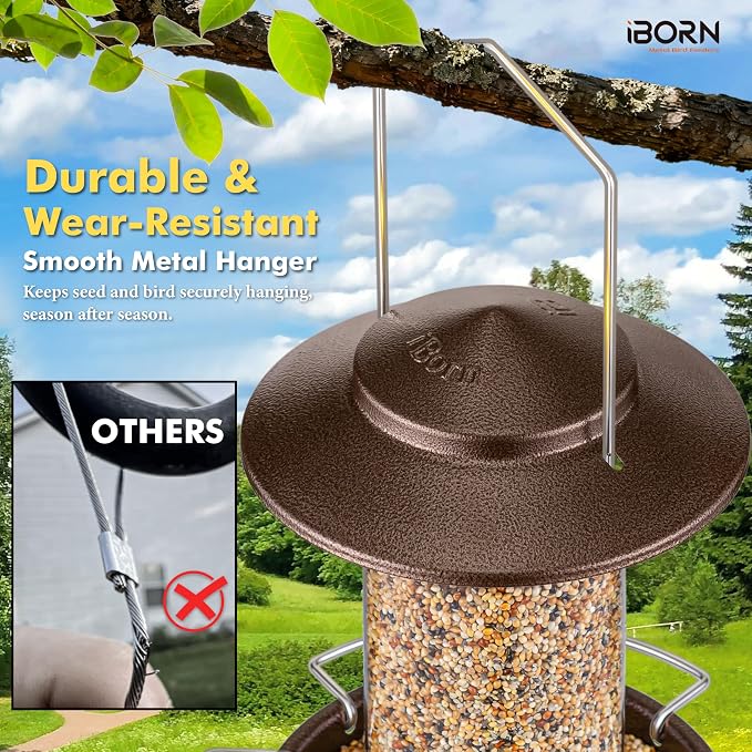 iBorn Bird Feeder Metal Squirrel Chew Proof Bird Feeders for Outdoors Hanging Outside for Cardinal, Holds 1.32LB Seed with 3 Perchs, Brushed Coffee (Seed is not Included)