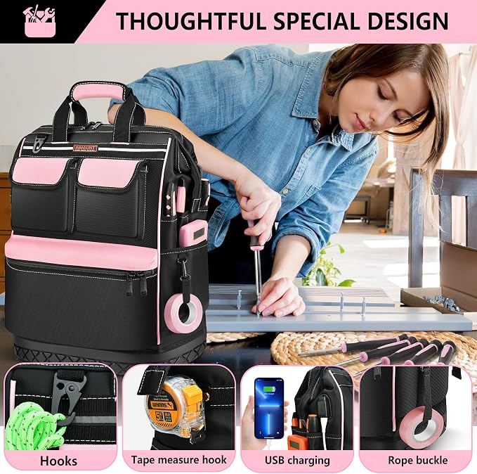 LOKASS Pink Tool Bag for Women, Wide-open Tool Backpack with Double-opening Metal Zipper, Waterproof Tool Storage Tote Bag for Female Workers-Large