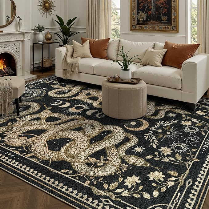 DCX 4x6 Washable Snake Rug for Living Room, Non Slip Low Pile Rug, Black | Rugs for living rooms, bedroom, dining room, office, soft, gothic rug, sain resistant indoor carpet, home decor