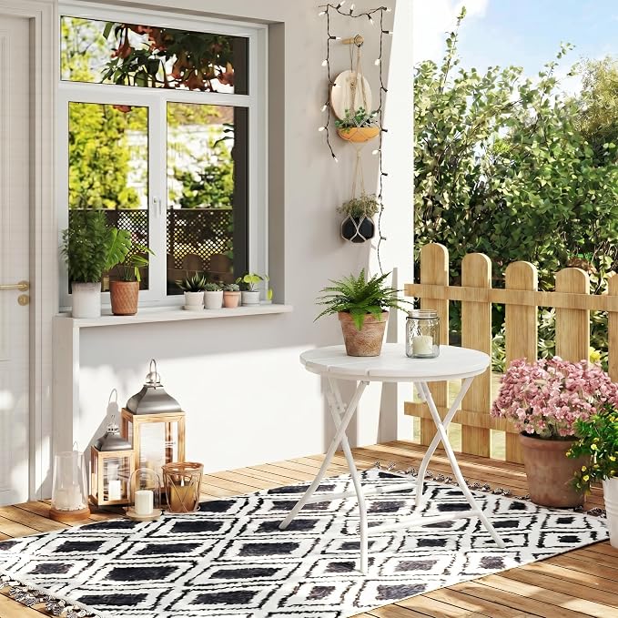 TeoKJ Folding Small Outdoor Side Tables, HDPS Patio Table with Metal Legs, Outdoor Small Round Table for Garden,Deck, No Assembly Patio Table Round Nightstand for Porch Yard Balcony Deck Lawn, White