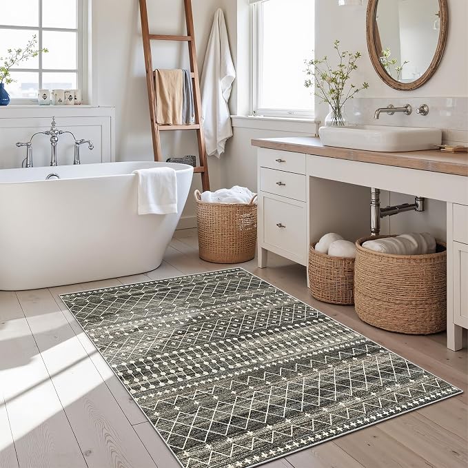 Miukiki 2x3 Entryway Rug Washable Non Slip Moroccan Area Rugs Black | Soft Low Pile Kitchen Rug for Bedroom Bathroom Floor, Indoor Small Rug Easy Clean Machine Washable Rugs 2'x3'