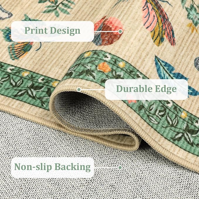 Mushroom Insect Washable Rug 5x7 Area Rugs for Bedroom Non Slip with Rubber Back Low Pile Stain Resistant Butterfly Carpet for Living Room Nursery Kitchen Dining Room Khaki Green
