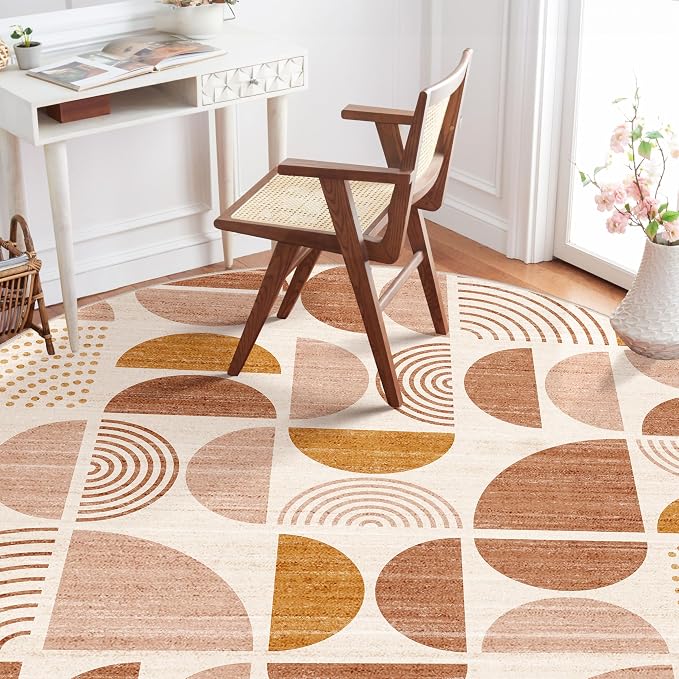 Round Rugs 6ft,Circle Area Rug Washable Non Slip Modern Abstract Boho | Large Circular Rugs for Living Room Dining Room Boho Throw Carpet Soft Low Pile Floor Indoor Bohemian Orange