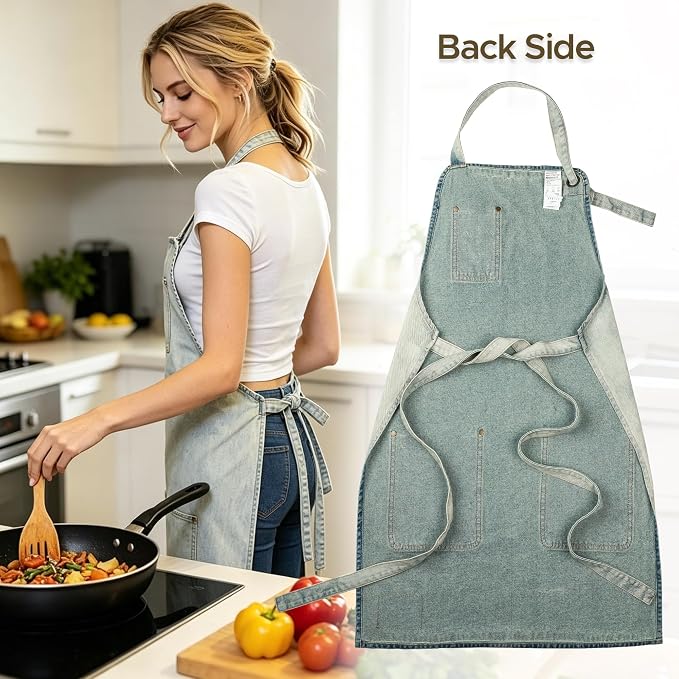 Denim Chef Apron for Women with Pockets, Jean Waitress Server Kitchen Apron for Men Cooking Gardening Painting