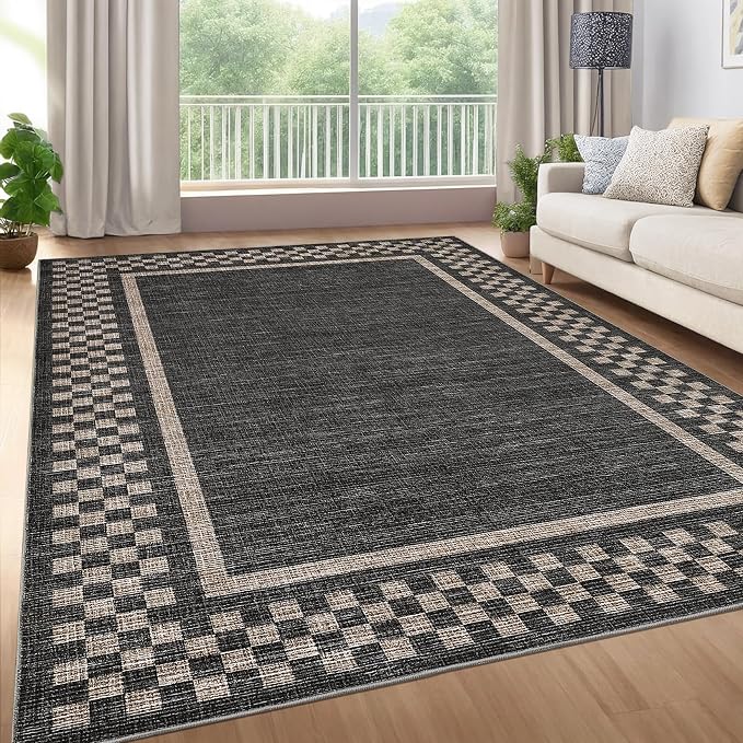 GarveeHome Modern Bordered 9x12 Washable Area Rugs for Living Room Bedroom | Soft Stain Resistant Large Bedroom Throw Carpet Non Slip Checkered Geometric Rugs for Dining Room Home Decor Office, Black