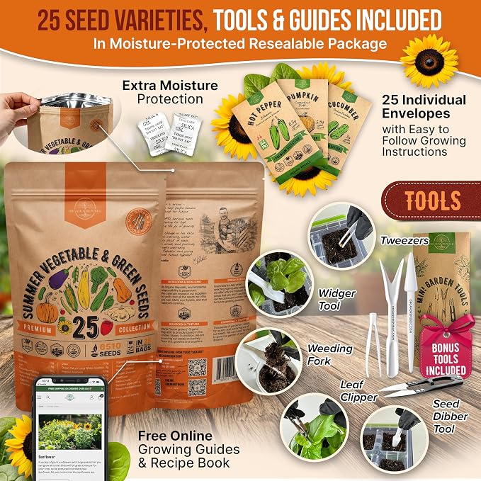 Organo Republic 25 Summer Vegetable Garden Seed Variety Pack - 6,510+ Non-GMO Heirloom Veggie & Greens Seeds for Outdoors & Indoor Home Garden, Including Collards, Pepper, Okra, Onion, Bean, Cucumber