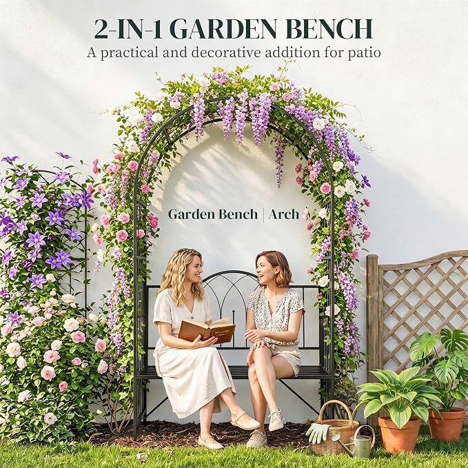 Outsunny Metal Trellis Arbor Arch for Climbing Plants with Garden Bench, Grow Grapes & Vines, Patio Decor & 2-Person Outdoor Steel Decorative Seating, 484 lbs. Weight Capacity, Black
