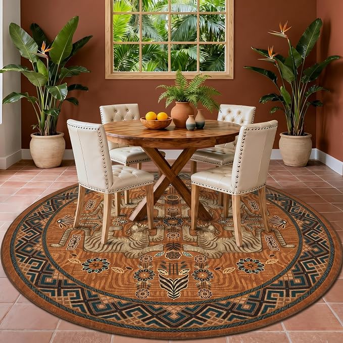 GarveeHome Tiger Round Area Rugs Boho Bedroom Non Slip Washable Vintage | 5ft Orange Animal Print Circle Rugs Non Slip,Tribal Floor Carpet for Dining Room Entryway Nursery Playroom Office