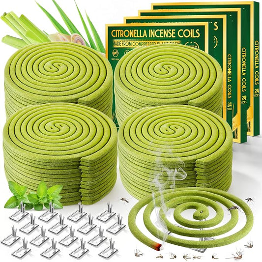 96 Pcs Mosquito Repellent Coils, Natural Citronella Mosquito Coils Indoor & Outdoor, Up to 6 Hours Protection, Safe for Kids & Pets, Repellent for Home, Patio, Camping, Backyard, Poolside