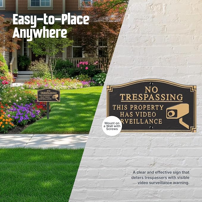 SmartSign 5.75 x 9.5 inch “No Trespassing - This Property Has Video Surveillance” GardenBoss Statement Plaque with 18 inch Lawn Stake, 375 mil Rustproof Aluminum, Black and Gold, Set of 1, USA-Made