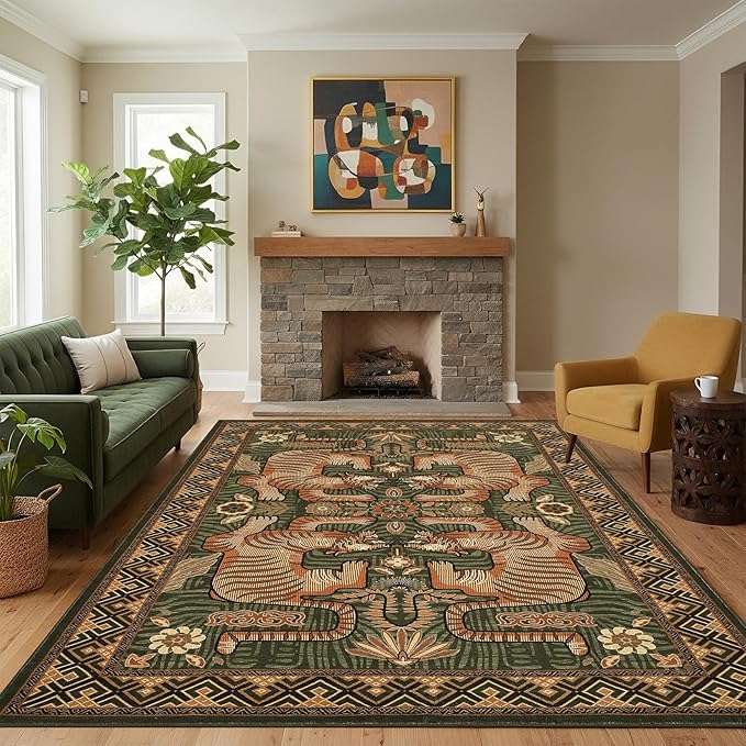 GarveeHome Large Tiger 9x12 Area Rugs Boho Washable Vintage Living Room Rug | Non Slip Green Rugs for Bedroom, Tribal Soft Animal Print Throw Rug Ultra Thin Stain Resistant Floor Carpet for Office
