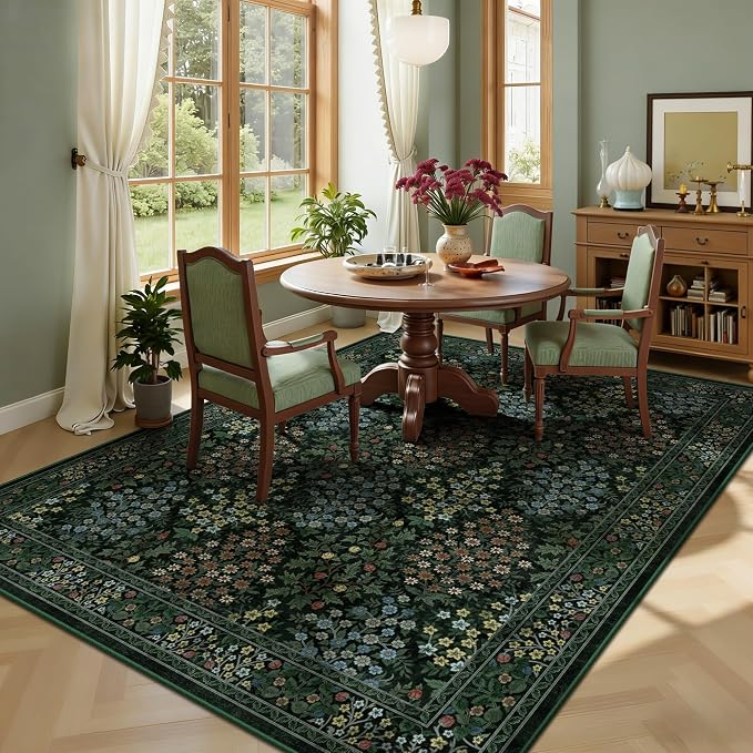 6x9 Area Rugs, Washable Floral Rugs for Living Room, Indoor Area Rug for Bedroom, Dining Room, Low Pile Non-Slip Non Shedding Rug(Dark Green Floral)
