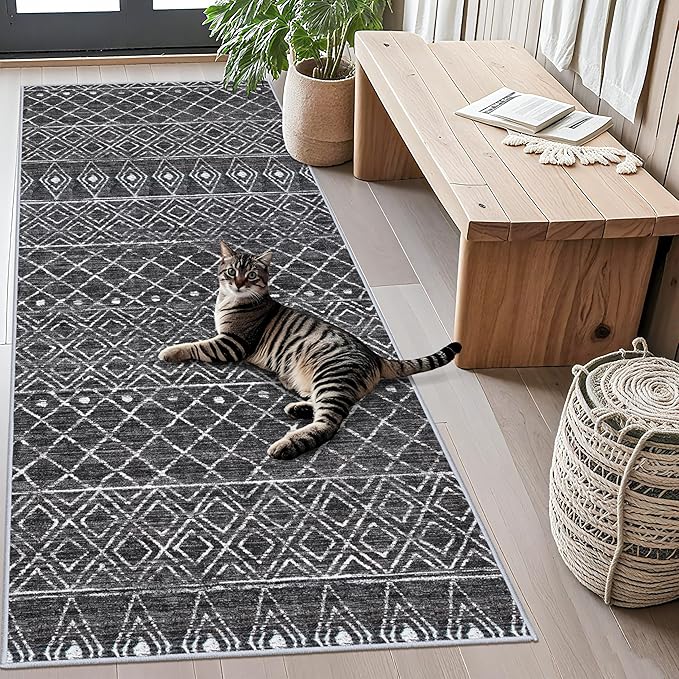 3x6 Moroccan Runner Rug Washable: Non Slip Pets Friendly Runners Black | Hallway Rug Low Pile Soft Indoor Floor Mat Front Door for Kitchen Bedroom Entryway Laundry