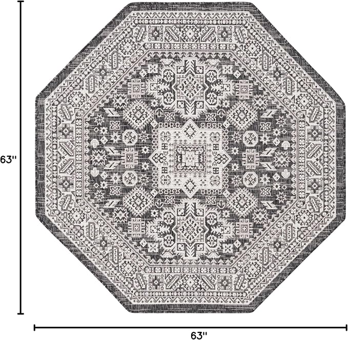 Unique Loom Outdoor Aztec Collection Area Rug - Chalca (5' 3" Octagon, Charcoal Gray/ Ivory)
