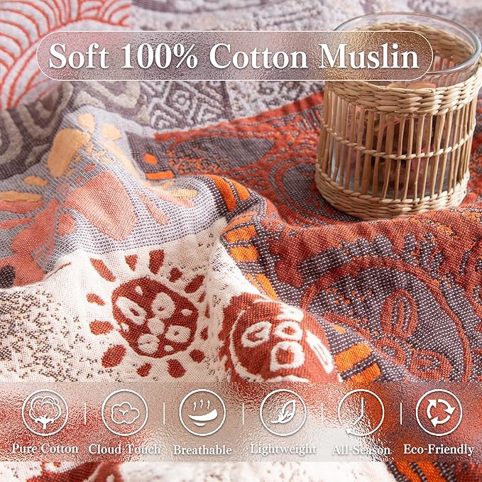 Phuryllic Boho Throw Blanket Full Size, Extra Large Soft Cozy Cotton Muslin Quilt Blanket for Bed Decor, Patchwork Block Couch Sofa Chair Cover, Vintage Farmhouse Cottage Woven Blanket, Red&Orange