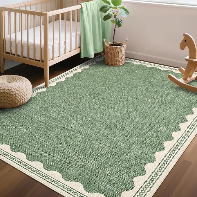 GarveeHome Scalloped Sage Green 5ft Round Rug Washable Non-Slip Soft Ultra-Thin Small Circle Modern Cottage Core Solid Carpet for Entryway Kitchen Bedroom Nursery Dining Room