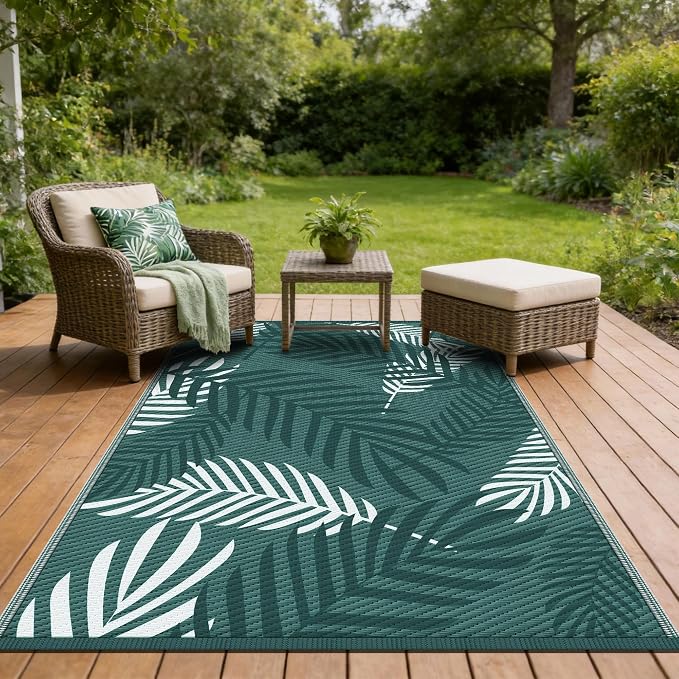 Kohree Outdoor Rug Waterproof 9x12, Reversible Outdoor Plastic Straw Rug with Leaf Pattern, Easy-Cleaning RV Mat Carpet for Patio,Porch, Camping, Balcony, Deck, Backyard, Green