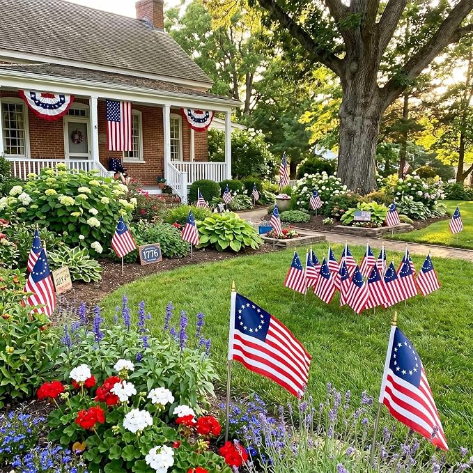 TOPFLAGS Small Betsy Ross Flags 12x18 on Stick 6 Pack Mini 13 Star Bennington US Flags Metal Handheld Pole for Outside 4th of July USA 250th Anniversary Memorial Day Patriotic Decorations