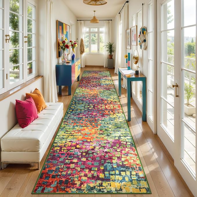 Tangsoo Colorful Fun Abstract 2.6x10 Washable Hallway Runner Rug Non Slip | Modern Funky Soft Low Pile Long Rug, Contemporary 10ft Carpet Runners for Hallway Kitchen Bedroom Living Room Home Decor