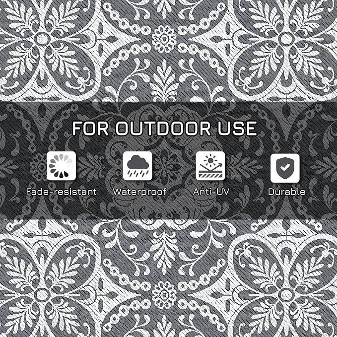 Outsunny Outdoor Rug for Patio, 9' x 12' Waterproof Large Mat, Reversible Plastic Straw Rug for Decor, Portable Outside RV Camping Area Carpet Mat for Backyard Porch Deck Picnic, Gray & White Floral