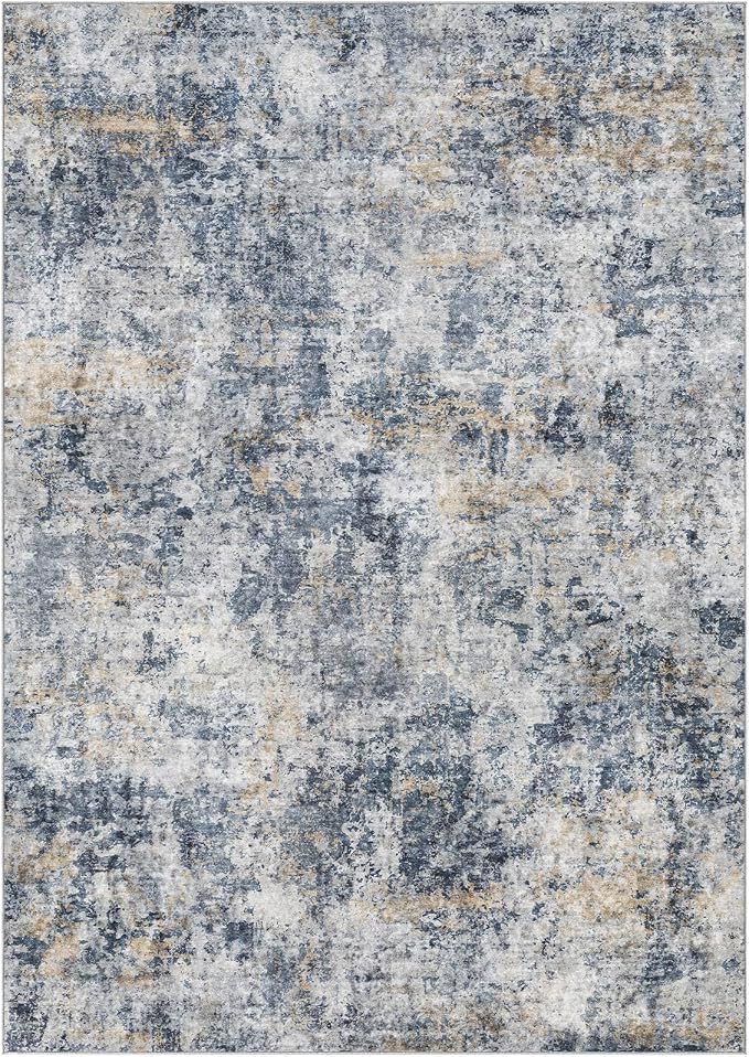 Tortania Washable 7x9 Area Rug for Living Room: Modern Abstract Neutral Large Soft Thin Rugs - Non Slip Indoor Carpet for Bedroom Dining Room Office Nursery Home Floor Decoration - Blue Grey