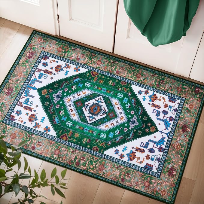 SERISSA 2x3 Washable Non Slip Boho Small Area Rug for Entryway，Green White | Ultra Soft Vintage Oriental Carpet Low-Pile Tribal Indoor Mat for Bedroom Kitchen Bathroom Entrance Floor