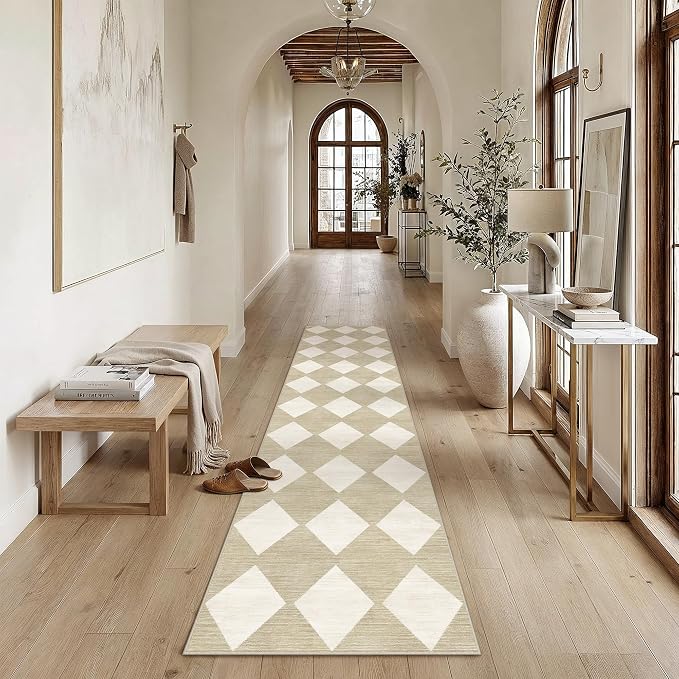 2'6x10 Washable Runner Rug Kitchen Beige Non Slip Checkered Carpet | Soft, Low Pile, Easy Clean, Diamond Pattern for Hallway, Entryway, Laundry Room, Bathroom, Modern Neutral Decor