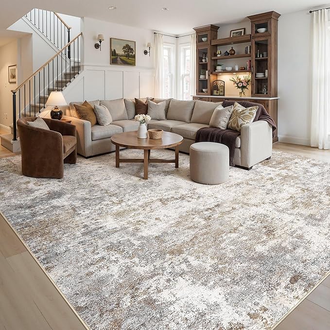 UERMEI 11x14 Area Rug Living Room Rugs Extra Large Brown Grey Carpet | Washable Neutral Modern Abstract Non-Slip Soft Low Pile Floor Rugs for Bedroom Dining Room Home Office Indoor Decor