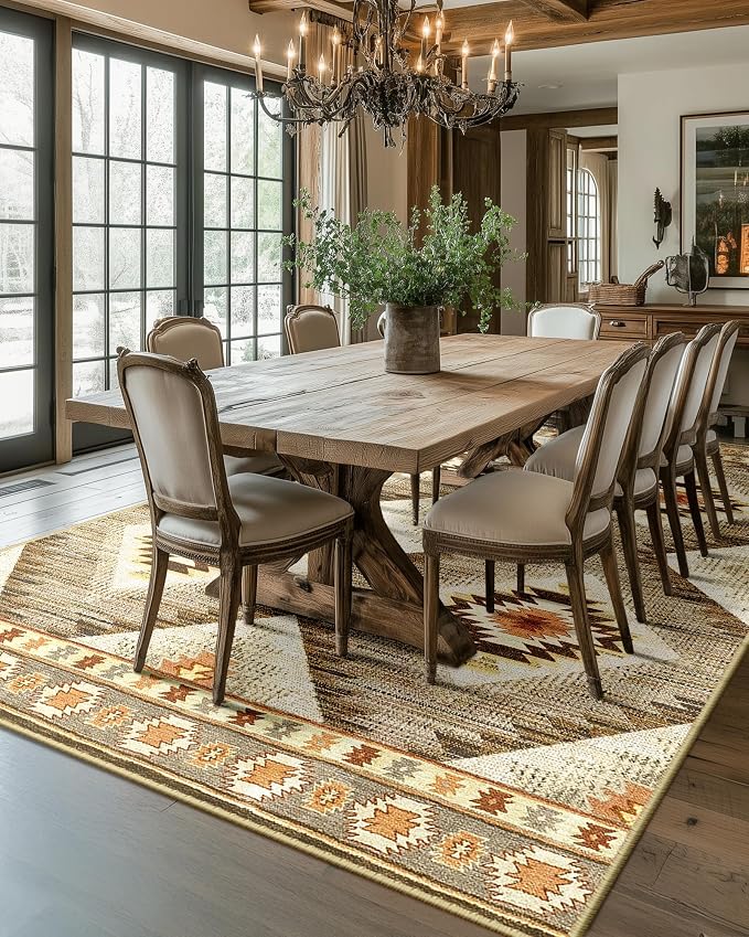 7'x9' Washable Area Rug for Living Room Bedroom Cream/Camel | Soft Western No Slip Low Pile Print Foldable Indoor for Kitchen Dining Room