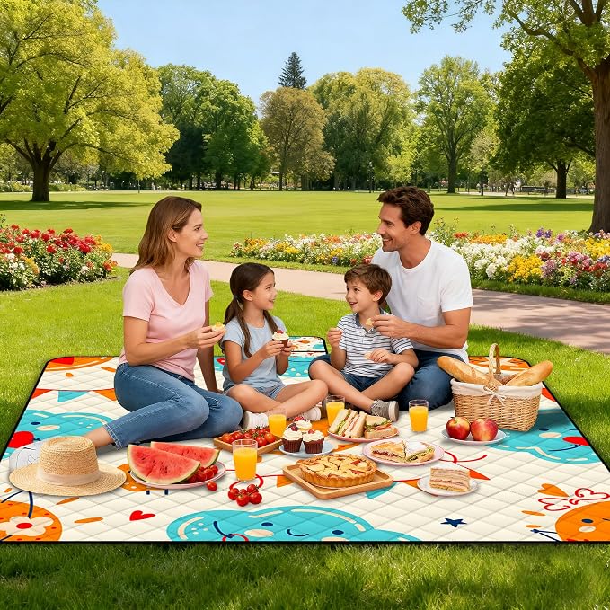 Poedist Extra Large Picnic Blanket Waterproof,80"x 80"Foldable Machine Washable Beach Blanket,Outdoor Blanket for 6-8 Adults,Suitable for Indoor Crawling,Park Beach,Camping,Hiking,Family Travel(Sun)