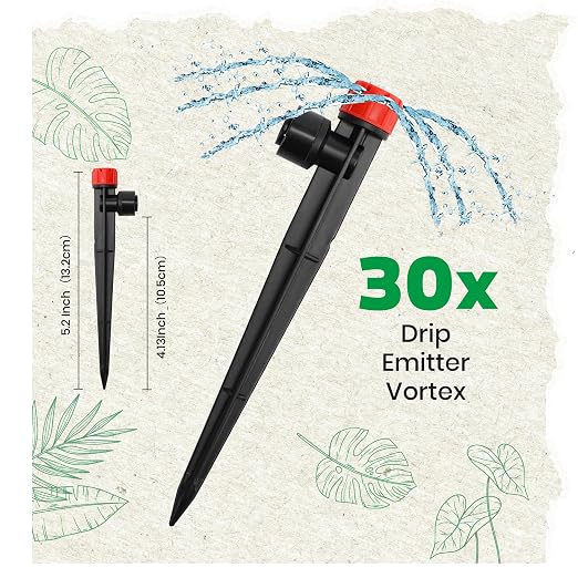 MIXC 30pcs Quick-Connect Drip Irrigation Emitters for 1/4" Drip Irrigation Tubing - Adjustable Push-to-Connect 360° Drip Emitters Stream on 5.5" Sturdy Stake for Irrigation System