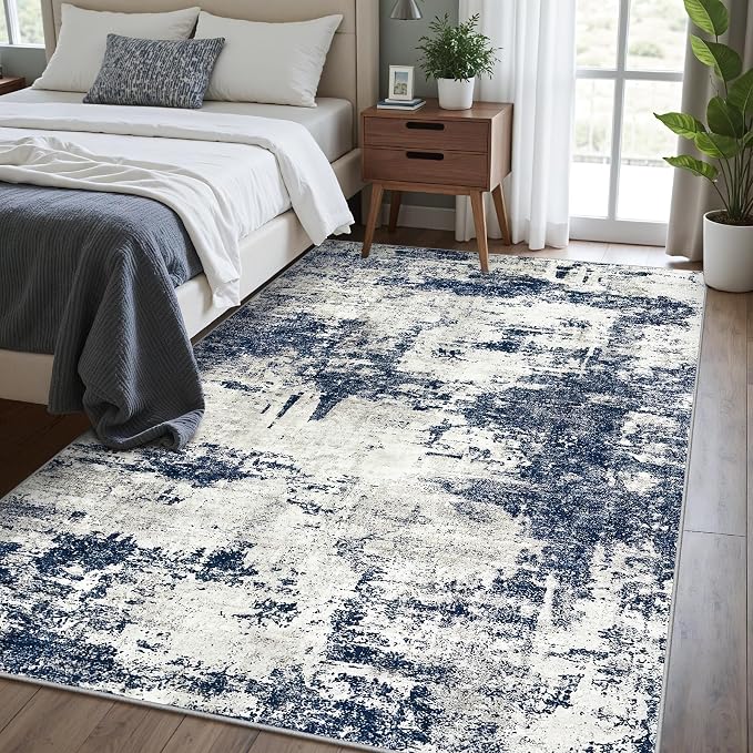 Tosuoka 6x9 Area Rugs for Living Room Abstract Washable Gray Blue Rug | With Anti-Slip Backing，Non-Shedding，Stain-Resistant，Soft Modern Large Carpet for Bedroom Dining Room Farmhouse Nursery