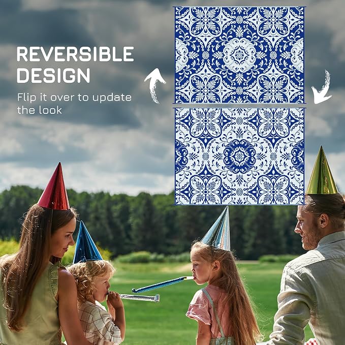 Outsunny Reversible Outdoor Rug Carpet, 9' x 12' Waterproof Plastic Straw Rug, Portable RV Camping Rugs with Carry Bag, Large Floor Mat for Backyard, Deck, Picnic, Beach, Blue & White Floral