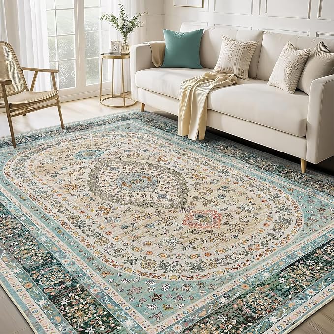 5x7 Area Rugs Washable,Blue Rug for Living Room Bedroom | Large Boho Vintage Bohemian Distressed Oriental Carpet Non Slip,Floral