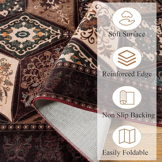 Moroccan Boho Floral Geometric Patchwork Washable 8x10 Large Rug | Vintage Distressed Non Slip Throw Carpet for Bedroom Livingroom Kitchen Hallway Entryway Office Dining Room Docer, Brown