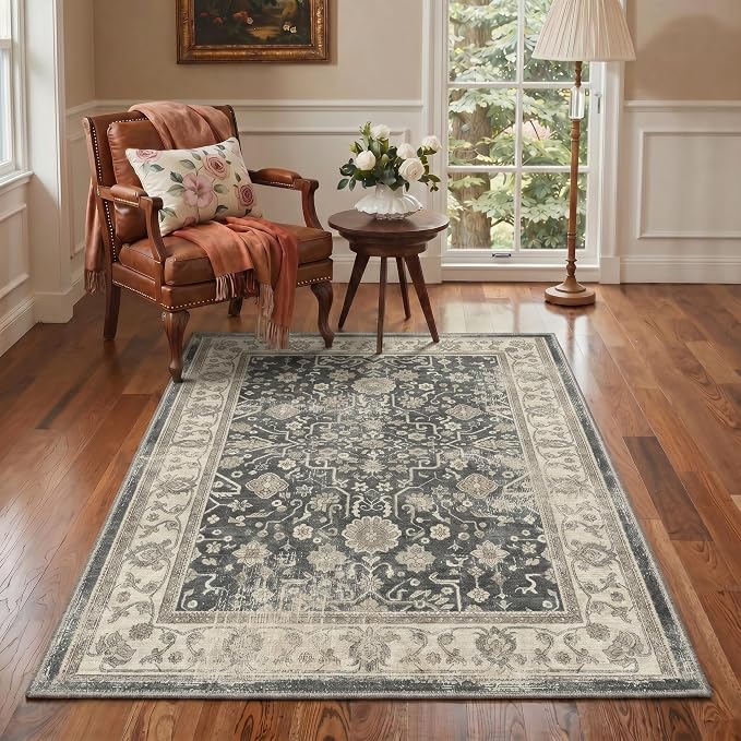 2x3 Doormat, Vintage Floral Washable Non Slip Area Rug for Entrance | Oriental Floral Soft Low Pile Boho Rug for Entryway Bedside Kitchen, Stain Resistant Lightweight Easy Care, Dusty Charcoal