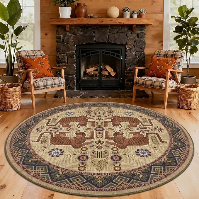GarveeHome Tiger Round Area Rugs Boho Living Room Non Slip Washable Vintage | 8ft Camel Animal Print Circle Rugs, Tribal Floor Carpet for Dining Room Entryway Nursery Playroom Office